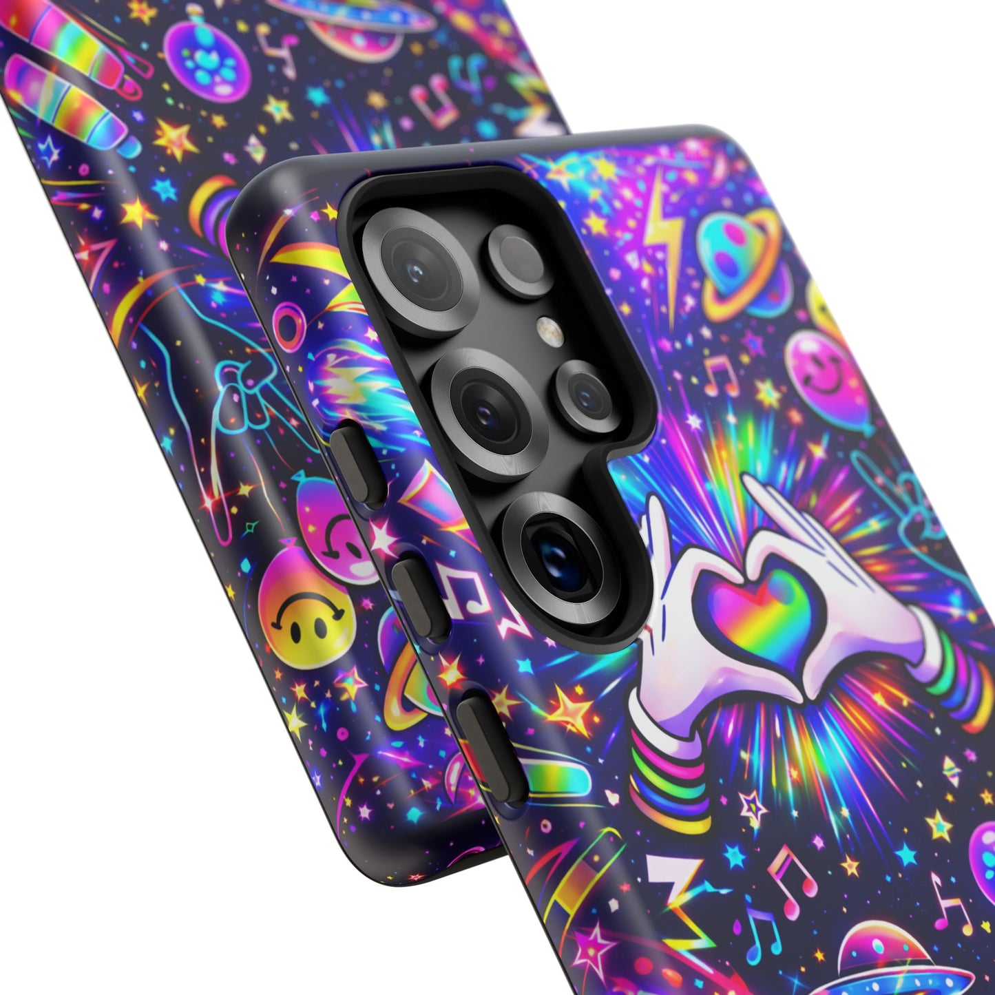 Rainbow Heart Hands Phone Case – Neon Galaxy EDM Festival Tough Cover