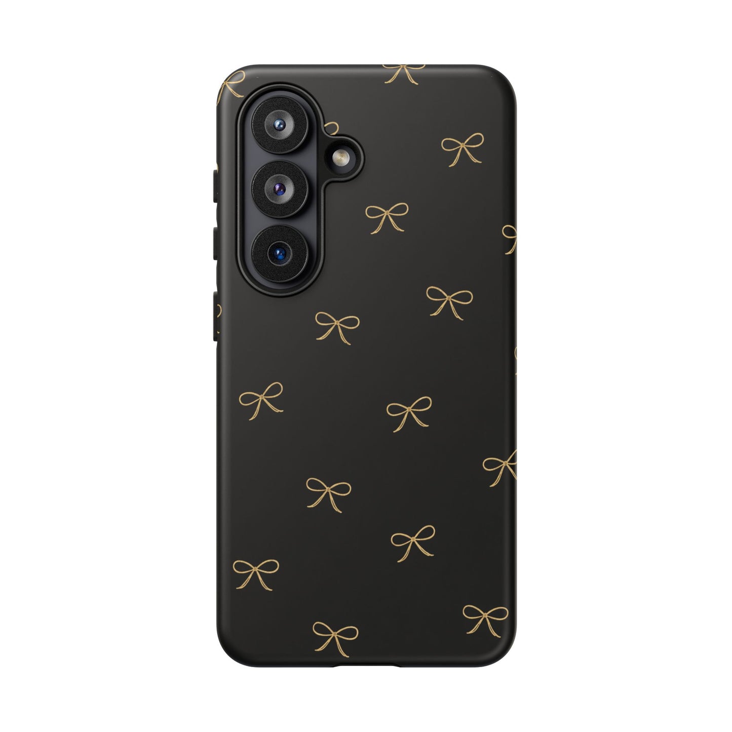 Black Phone Case with Gold Bow Pattern – Slim Protective Cute Aesthetic Cover for Iphone, Samsung Galaxy and Pixel