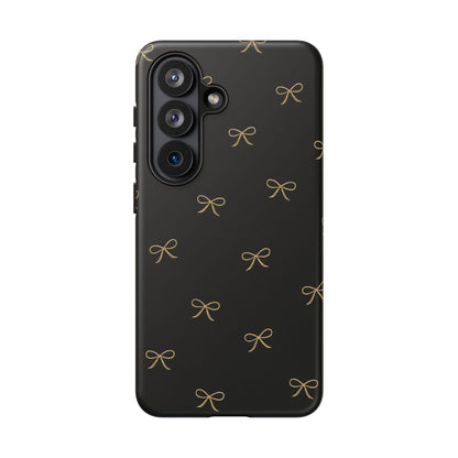 Black Phone Case with Gold Bow Pattern – Slim Protective Cute Aesthetic Cover for Iphone, Samsung Galaxy and Pixel