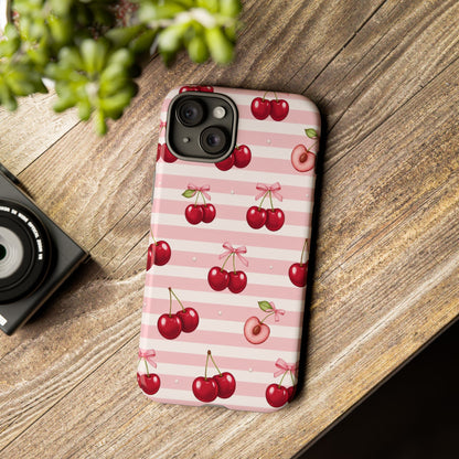 Coquette Cherry Bow Phone Case | Cute Pink Aesthetic Cherry Pattern Tough Case for iPhone & Samsung