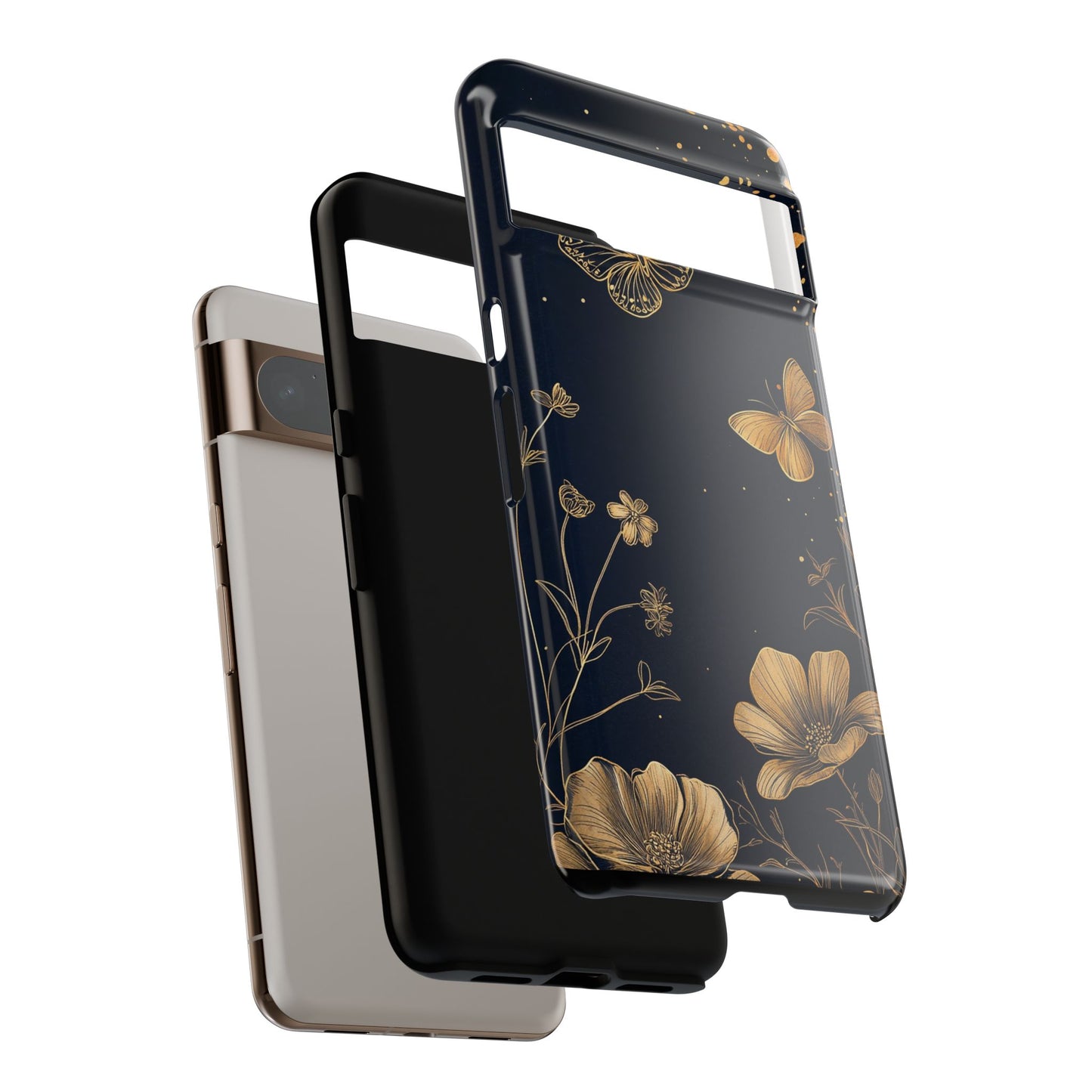 Gold Floral Butterfly Phone Case, Dark Aesthetic Botanical, Elegant Black Luxury iPhone Samsung Cover
