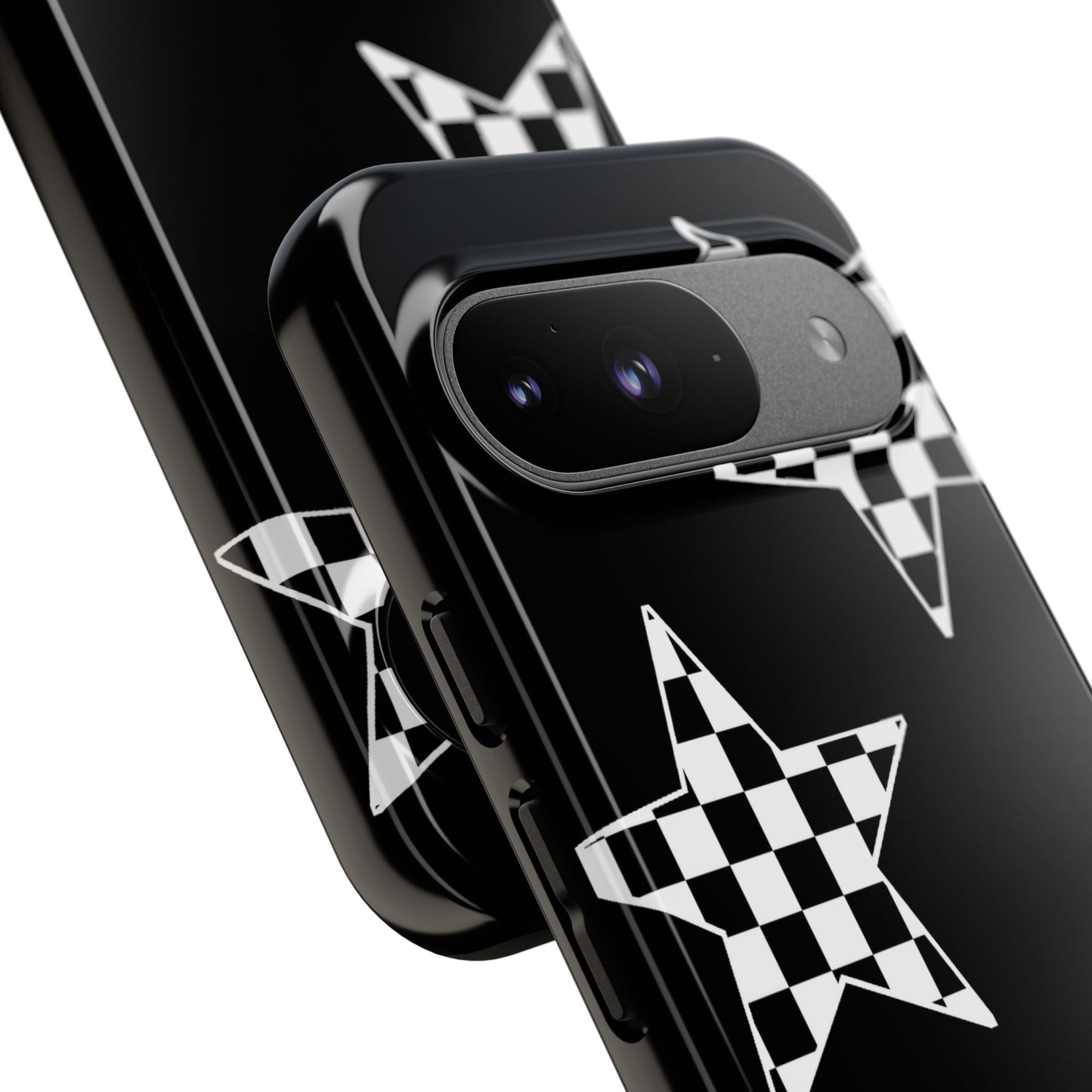 Checkered Star Tough Phone Case – Black Retro Graphic Protective Cover for Iphone, Samsung Galaxy and Pixel