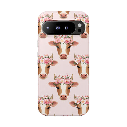 Floral Cow Phone Case – Cute Pink Cow Print Tough Protective Case for Iphone, Samsung Galaxy and Pixel