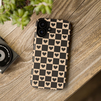 Checkerboard Heart Phone Case – Black & Beige Cute Aesthetic Protective Cover for Iphone, Samsung Galaxy and Pixel