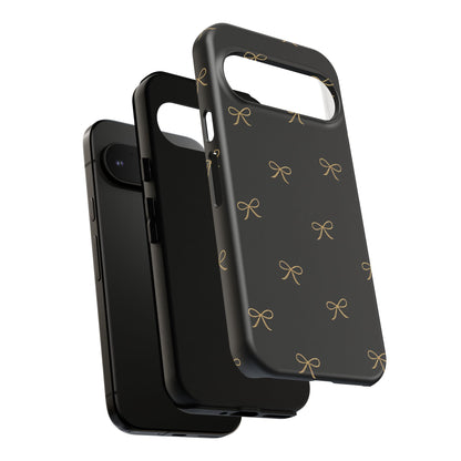 Black Phone Case with Gold Bow Pattern – Slim Protective Cute Aesthetic Cover for Iphone, Samsung Galaxy and Pixel
