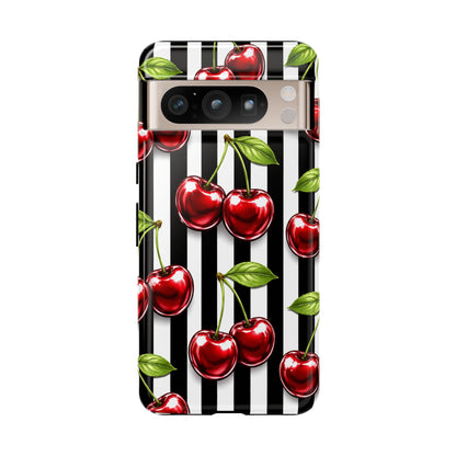 Cherry Pattern Phone Case Black White Stripe Retro Aesthetic Tough Cover