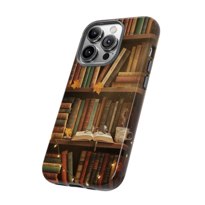 Cozy Vintage Bookshelf Phone Case, Library Aesthetic Book Stack, Autumn Coffee Vibes (iPhone, Samsung, Pixel)