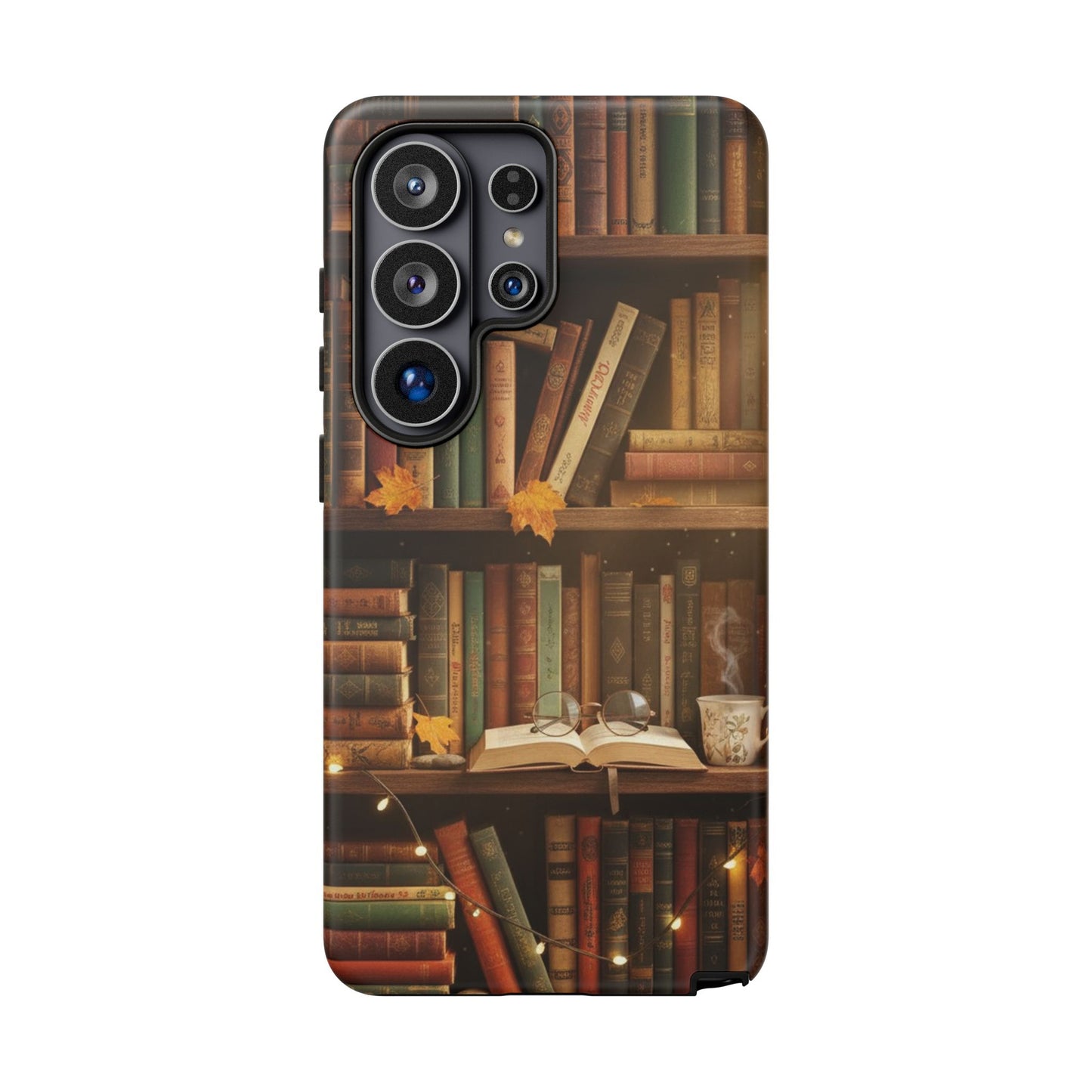 Cozy Vintage Bookshelf Phone Case, Library Aesthetic Book Stack, Autumn Coffee Vibes (iPhone, Samsung, Pixel)