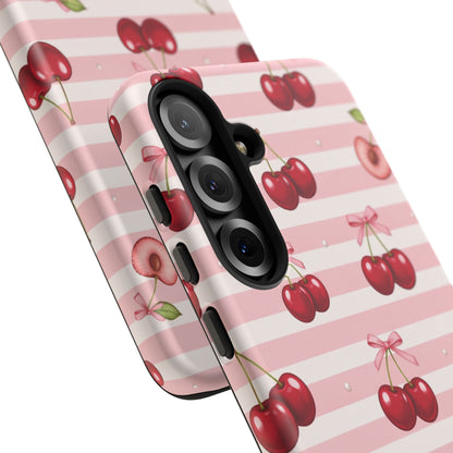 Coquette Cherry Bow Phone Case | Cute Pink Aesthetic Cherry Pattern Tough Case for iPhone & Samsung