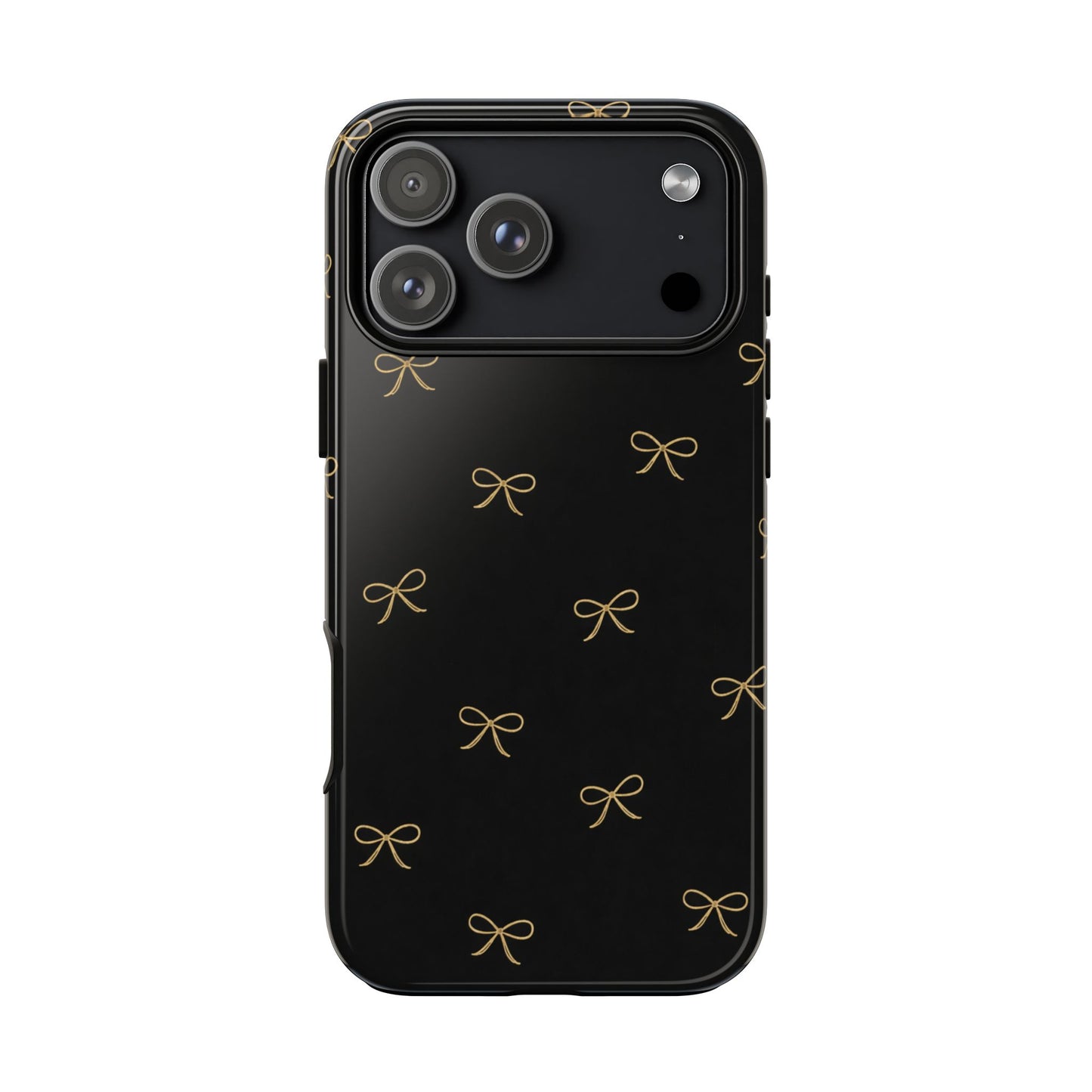 Black Phone Case with Gold Bow Pattern – Slim Protective Cute Aesthetic Cover for Iphone, Samsung Galaxy and Pixel