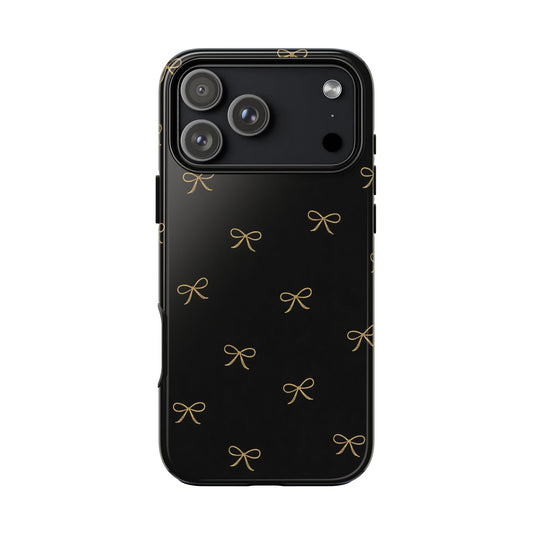 Black Phone Case with Gold Bow Pattern – Slim Protective Cute Aesthetic Cover for Iphone, Samsung Galaxy and Pixel