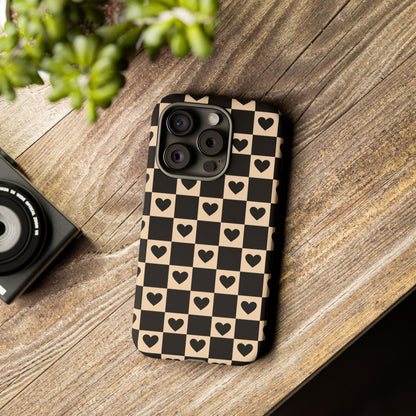 Checkerboard Heart Phone Case – Black & Beige Cute Aesthetic Protective Cover for Iphone, Samsung Galaxy and Pixel