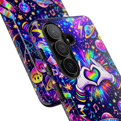 Rainbow Heart Hands Phone Case – Neon Galaxy EDM Festival Tough Cover