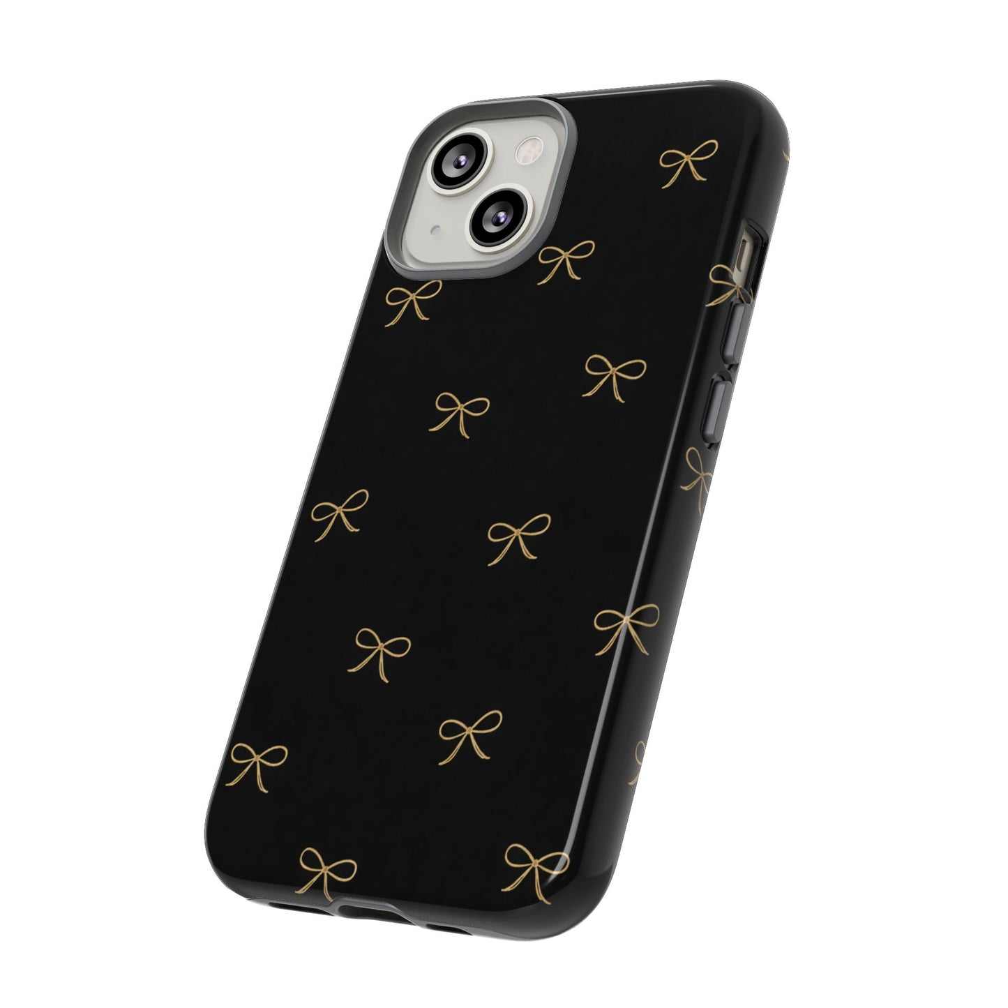 Black Phone Case with Gold Bow Pattern – Slim Protective Cute Aesthetic Cover for Iphone, Samsung Galaxy and Pixel