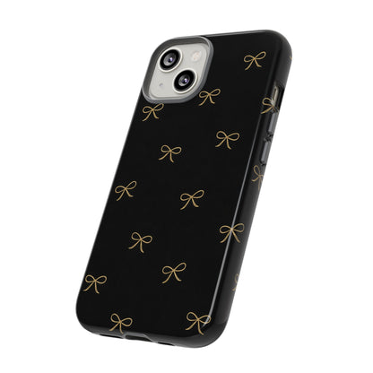 Black Phone Case with Gold Bow Pattern – Slim Protective Cute Aesthetic Cover for Iphone, Samsung Galaxy and Pixel