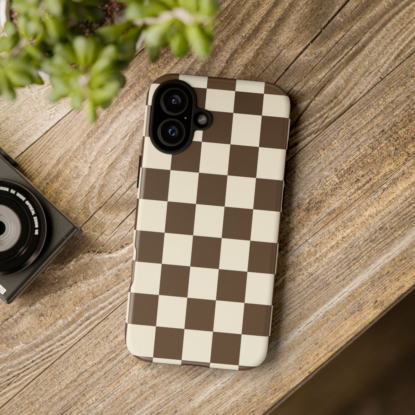 Mocha Checkerboard Phone Case | Neutral Aesthetic Checkered iPhone & Samsung Tough Case