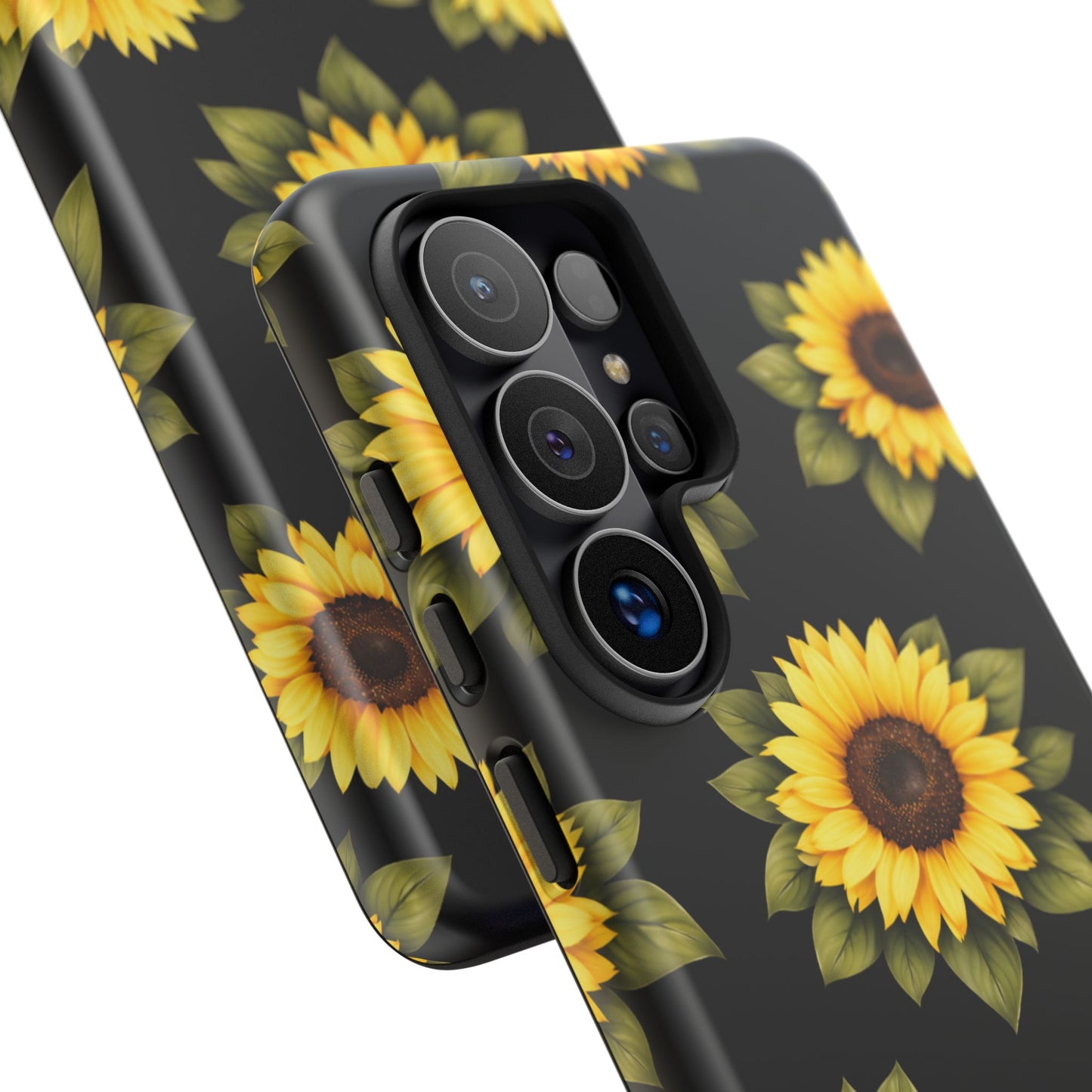 Sunflower Floral Tough Phone Case – Black Background Protective Cover for Iphone, Samsung Galaxy and Pixel