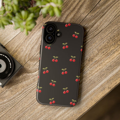 Cherry Pattern Phone Case — Slim Black Protective iPhone Case with Red Cherries for Iphone, Samsung Galaxy and Pixel