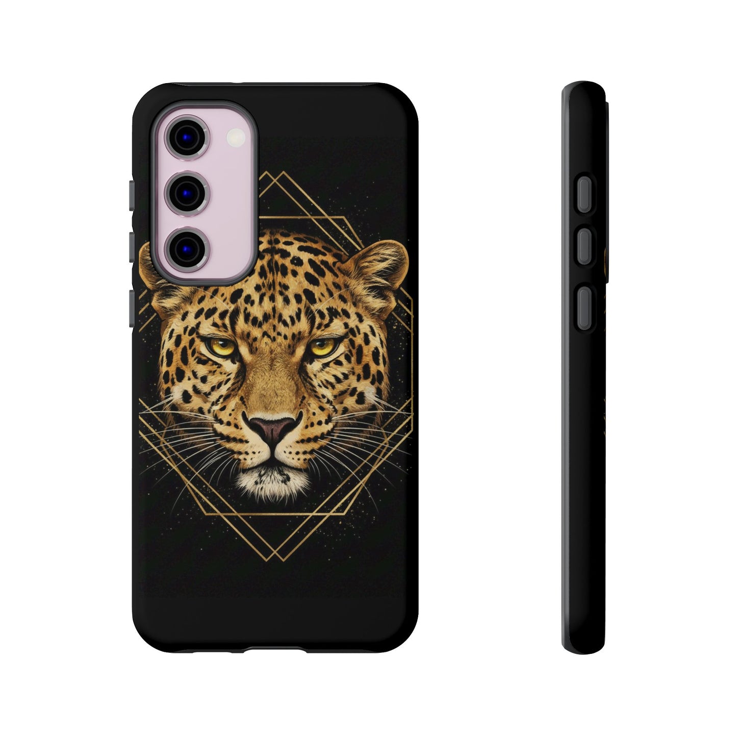 Leopard Head Geometric Phone Case – Black & Gold Luxe Tough Case