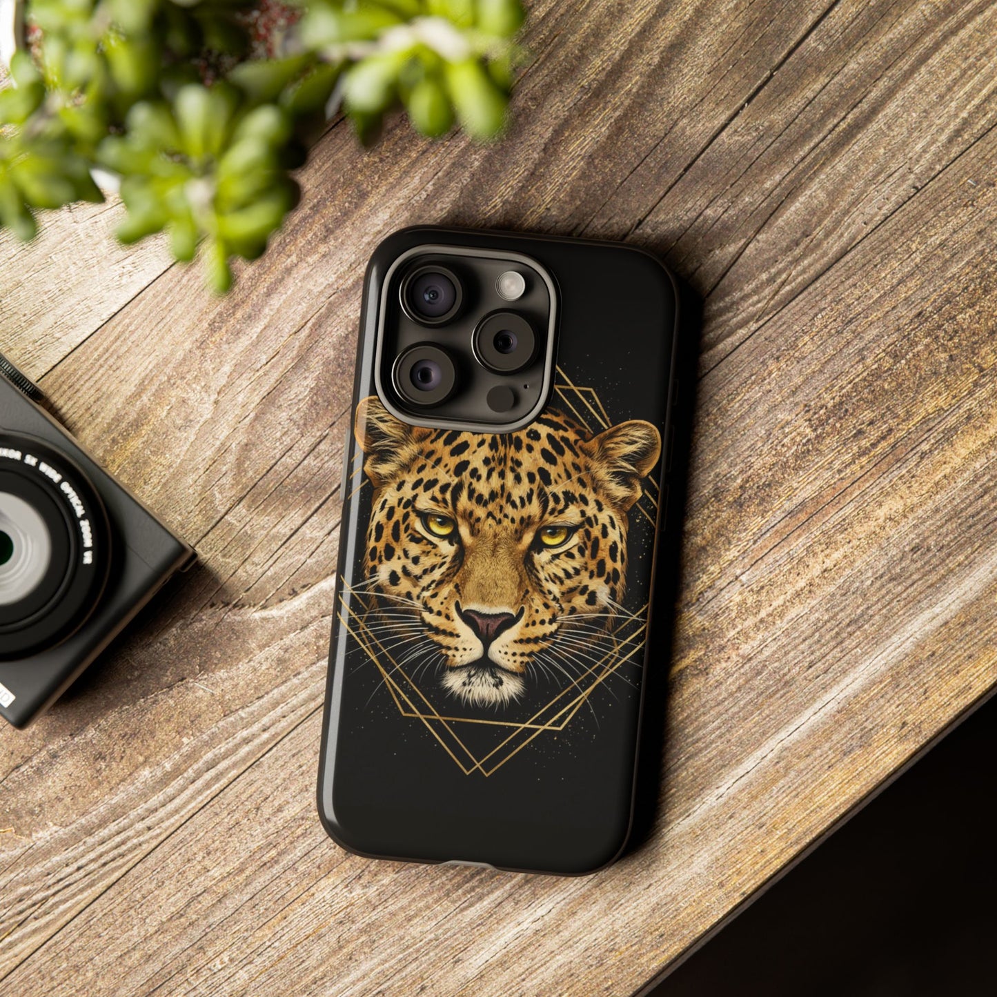 Leopard Head Geometric Phone Case – Black & Gold Luxe Tough Case