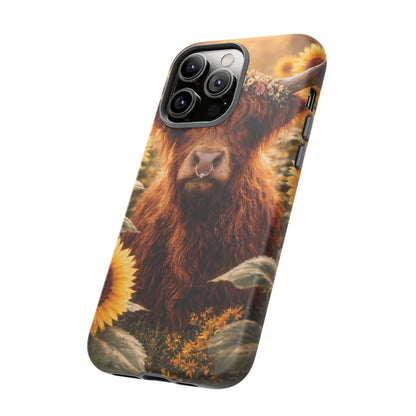 Highland Cow Sunflower Phone Case | Floral Farmhouse iPhone, Samsung Galaxy and Pixel Cover