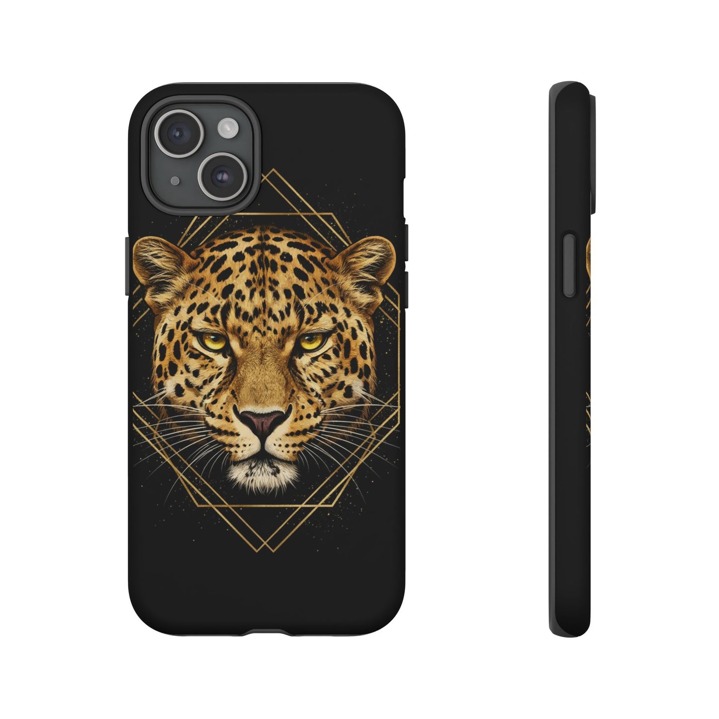 Leopard Head Geometric Phone Case – Black & Gold Luxe Tough Case