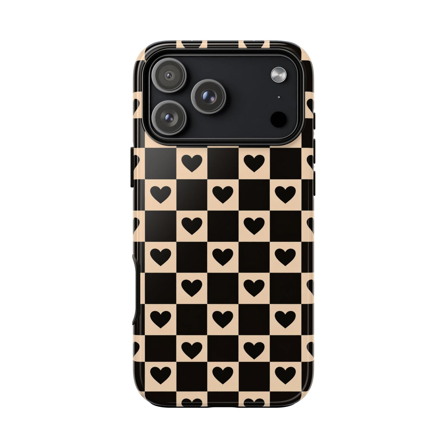 Checkerboard Heart Phone Case – Black & Beige Cute Aesthetic Protective Cover for Iphone, Samsung Galaxy and Pixel