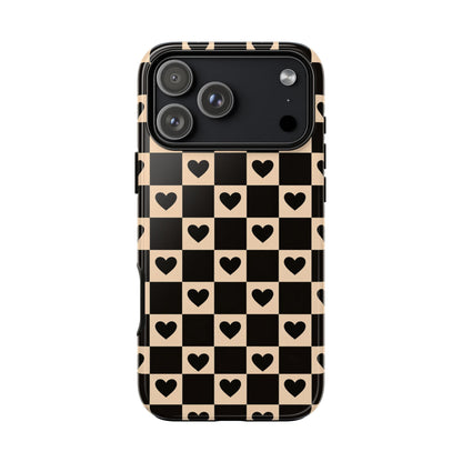 Checkerboard Heart Phone Case – Black & Beige Cute Aesthetic Protective Cover for Iphone, Samsung Galaxy and Pixel
