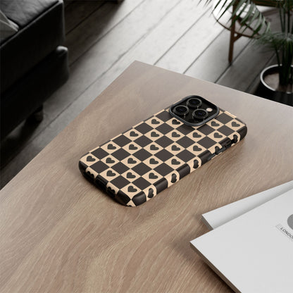 Checkerboard Heart Phone Case – Black & Beige Cute Aesthetic Protective Cover for Iphone, Samsung Galaxy and Pixel
