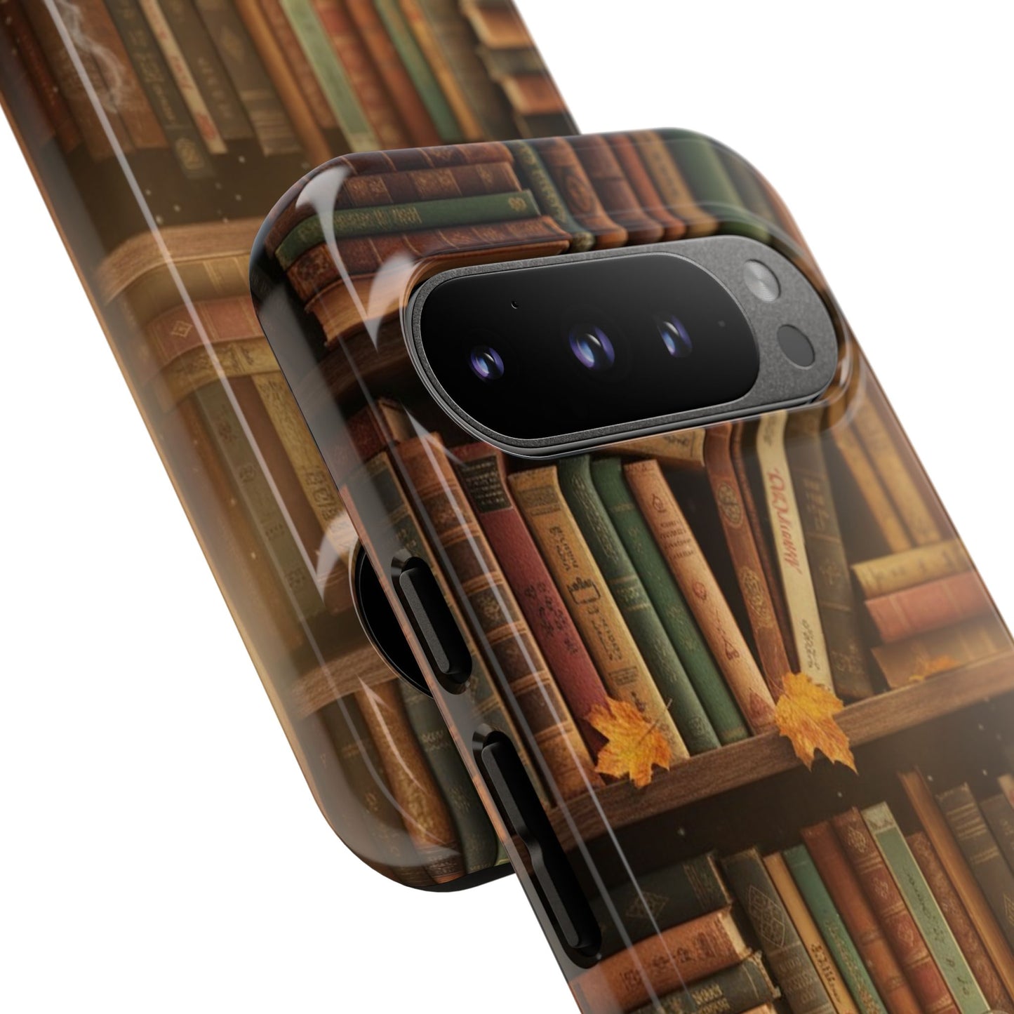 Cozy Vintage Bookshelf Phone Case, Library Aesthetic Book Stack, Autumn Coffee Vibes (iPhone, Samsung, Pixel)