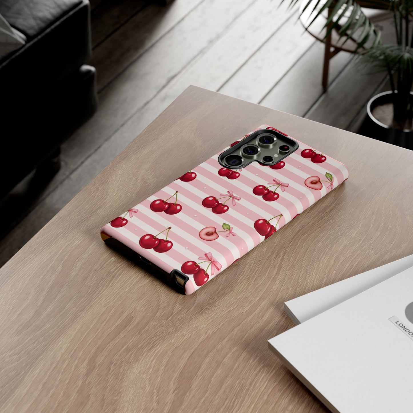 Coquette Cherry Bow Phone Case | Cute Pink Aesthetic Cherry Pattern Tough Case for iPhone & Samsung