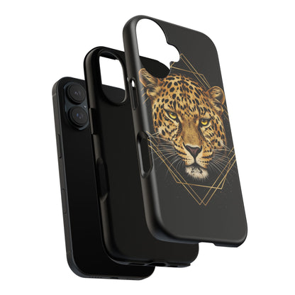 Leopard Head Geometric Phone Case – Black & Gold Luxe Tough Case