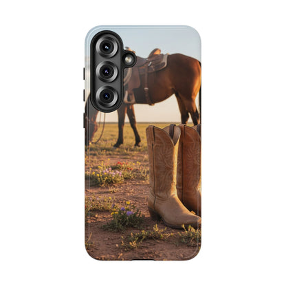 Western Cowboy Boots Phone Case – Rustic Horse Sunset Tough Case (iPhone, Samsung, Pixel)
