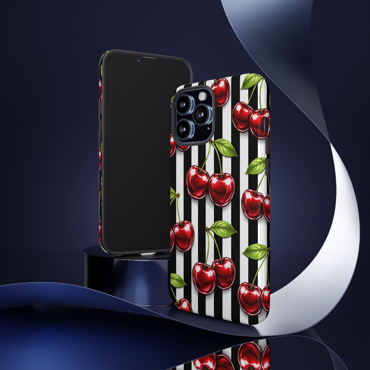 Cherry Pattern Phone Case Black White Stripe Retro Aesthetic Tough Cover
