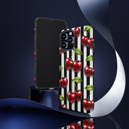 Cherry Pattern Phone Case Black White Stripe Retro Aesthetic Tough Cover