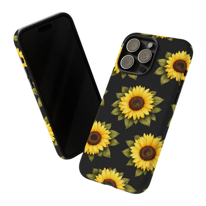 Sunflower Floral Tough Phone Case – Black Background Protective Cover for Iphone, Samsung Galaxy and Pixel