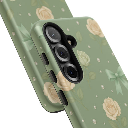 Vintage Rose Bow Phone Case – Sage Green Floral Coquette Aesthetic Tough Case (iPhone, Samsung, Pixel)