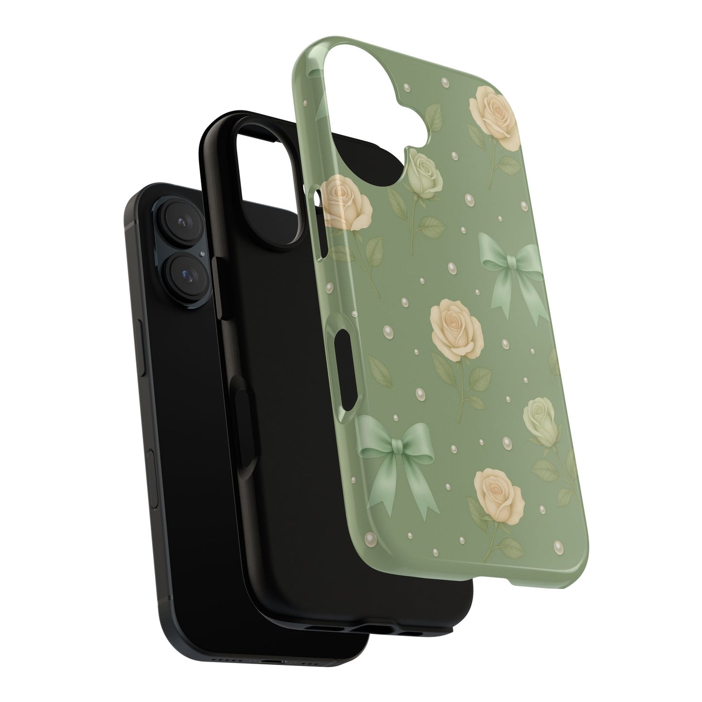 Vintage Rose Bow Phone Case – Sage Green Floral Coquette Aesthetic Tough Case (iPhone, Samsung, Pixel)
