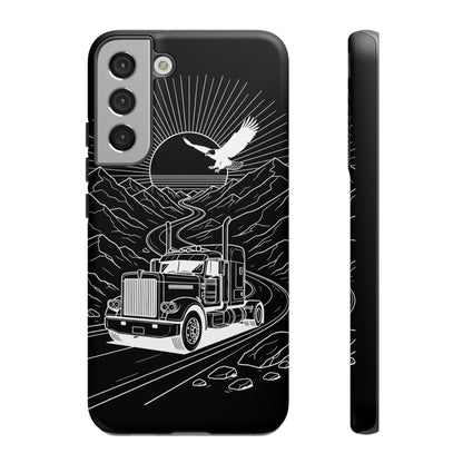Trucker Highway Phone Case | Eagle & Mountain Line Art | Black Western Tough Case