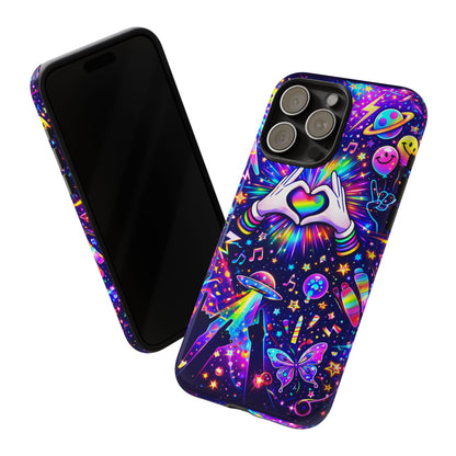 Rainbow Heart Hands Phone Case – Neon Galaxy EDM Festival Tough Cover