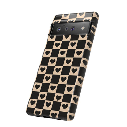 Checkerboard Heart Phone Case – Black & Beige Cute Aesthetic Protective Cover for Iphone, Samsung Galaxy and Pixel