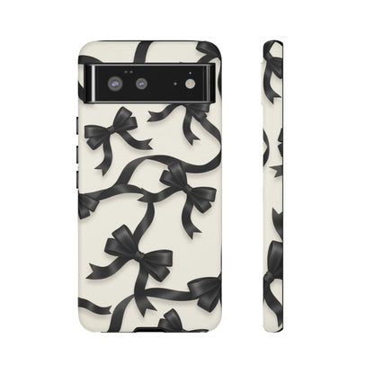 Black Ribbon Bow Phone Case, Minimal Bow Pattern Tough Protective Case