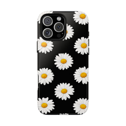 Black Daisy Floral Tough Phone Case – Cute Protective Cover for Iphone, Samsung Galaxy and Pixel
