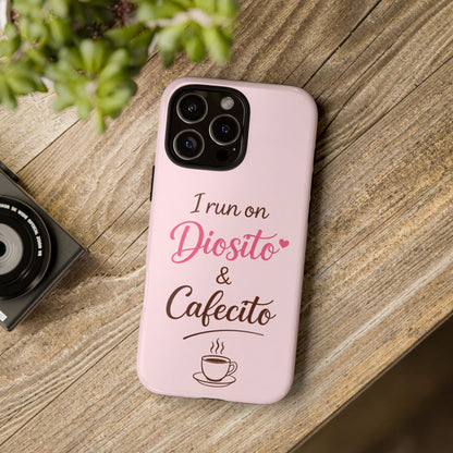 I Run on Diosito y Cafecito Phone Case, Pink Aesthetic Latina Faith Coffee Case, Girly Protective iPhone Samsung Cover