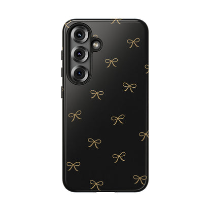Black Phone Case with Gold Bow Pattern – Slim Protective Cute Aesthetic Cover for Iphone, Samsung Galaxy and Pixel
