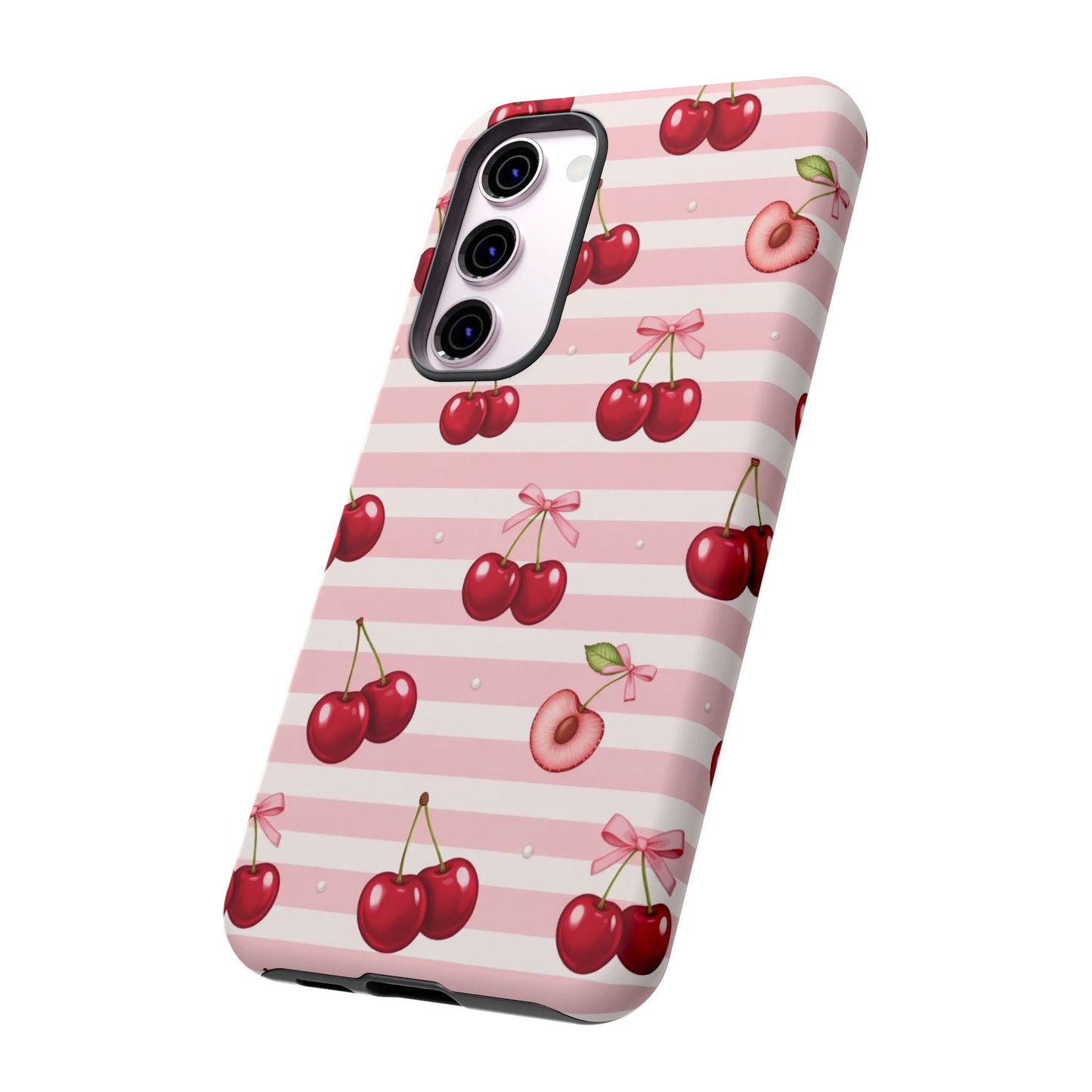 Coquette Cherry Bow Phone Case | Cute Pink Aesthetic Cherry Pattern Tough Case for iPhone & Samsung