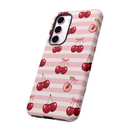 Coquette Cherry Bow Phone Case | Cute Pink Aesthetic Cherry Pattern Tough Case for iPhone & Samsung