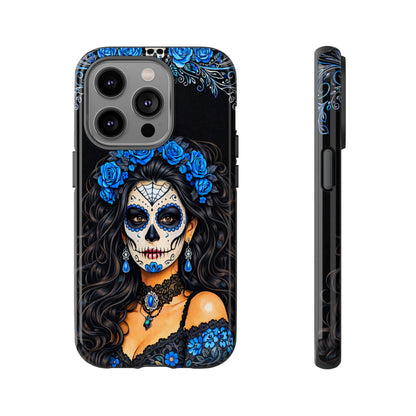 Blue Sugar Skull Woman Phone Case – Day of the Dead Aesthetic Tough Cover