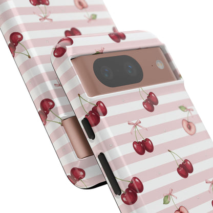 Pink Cherry Stripe Phone Case | Cute Coquette Aesthetic Protective Tough Case