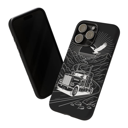 Trucker Highway Phone Case | Eagle & Mountain Line Art | Black Western Tough Case
